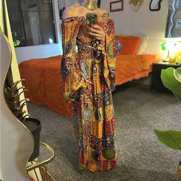 VTG African Star Bohemian Maxi Dress Off The Shoulder Oversized Flared Sleeve OS - Picture 13 of 15